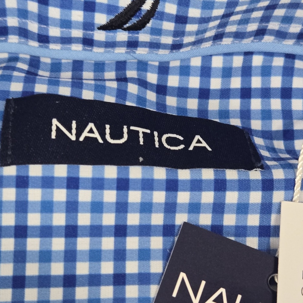 Nautica Mens XXL Blue White Gingham Performance Short Sleeve Dress Shirt - Picture 5 of 8
